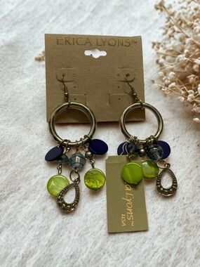 Erica Lyons Lime Green & Purple Hoop Charm Earrings